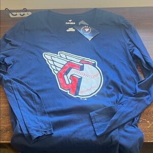 MLB Women's Guardians Logo Blue Long Sleeve V-neck Tee